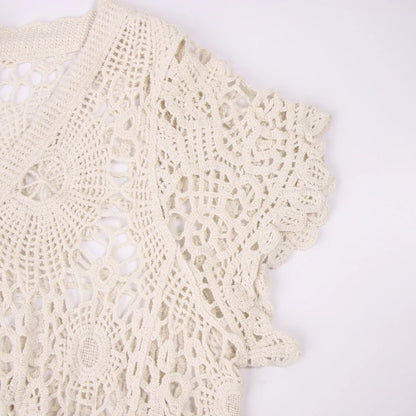 Women French Style Short Sleeve Lace Shrug Hollow Out Crochet Knit Cardigan V-Neck Button Down Sheer Crop for Jac