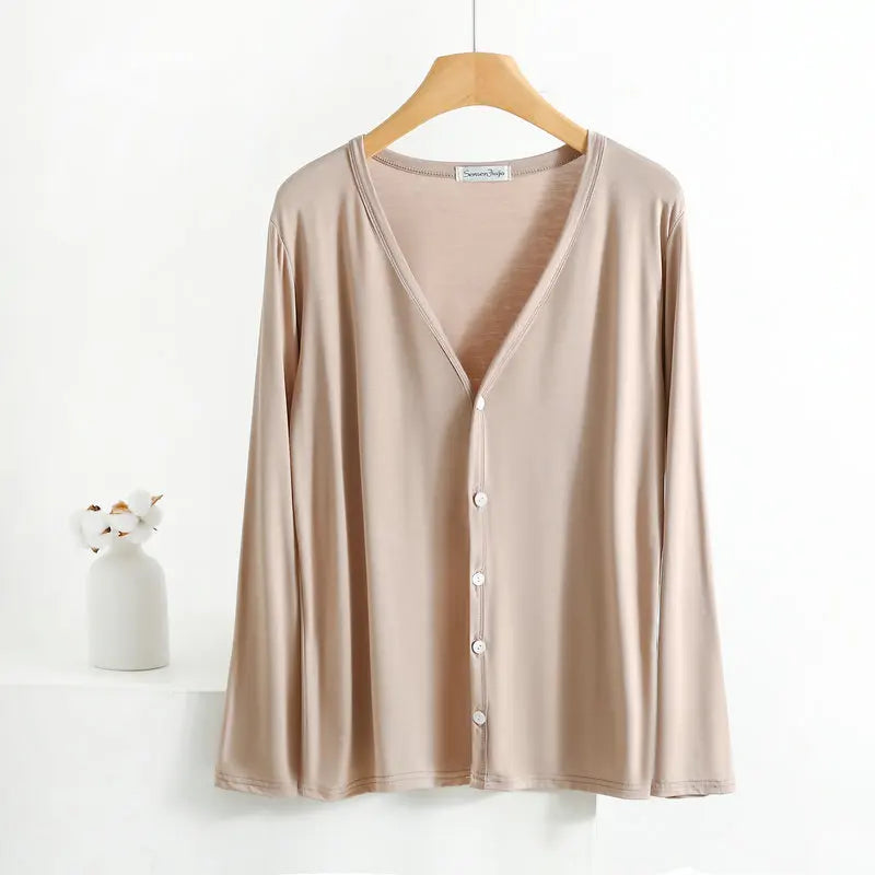 Summer Spring Modal Cardigan Long sleeves Candy colors V Neck Tshirt Open-front sun-proof clothing Air-conditioned tops Nude bust-100-120cm