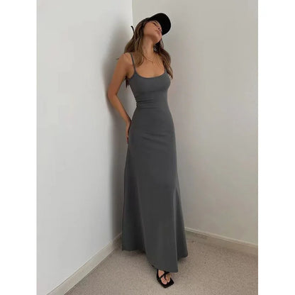 2025 Summer Women's New Fashion Simple Temperament Suspender Long Backless Slim Waisted Sexy Sweet And Spicy Casual Dresses GRAY