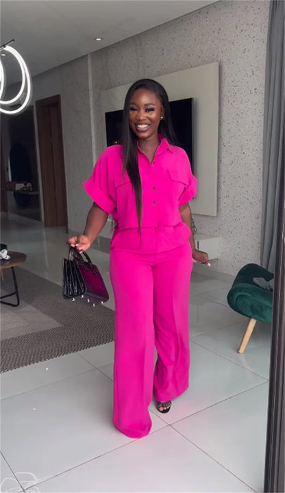 Women's Two-piece Set Spring Summer New Style Lapel Short-sleeved Shirt High Waist Wide Leg Trousers Casual Suit Women Clothing