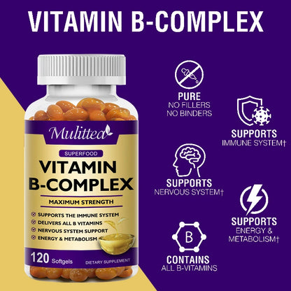 Mulittea 3X Complex Vitamin B Supplements (B12 B2 B6)for Relieve Stress Improve Immunity System Energy Support