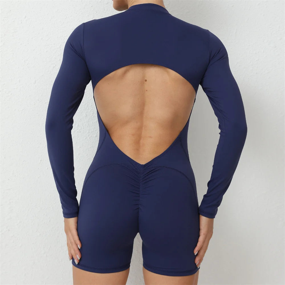 2025 Pad Zipper Long Sleeve Yoga Set Women One Piece Jumpsuit Gym Workout Shorts Fitness Bodysuit Sports Athletic Suit XP358 Badiee Stylez