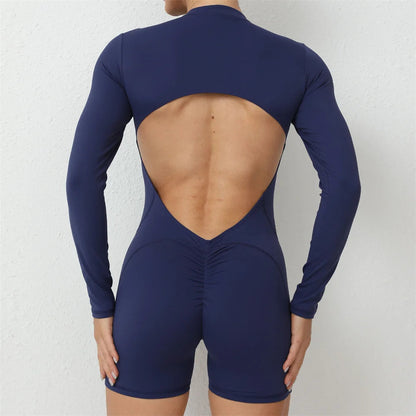 2025 Pad Zipper Long Sleeve Yoga Set Women One Piece Jumpsuit Gym Workout Shorts Fitness Bodysuit Sports Athletic Suit XP358 Badiee Stylez