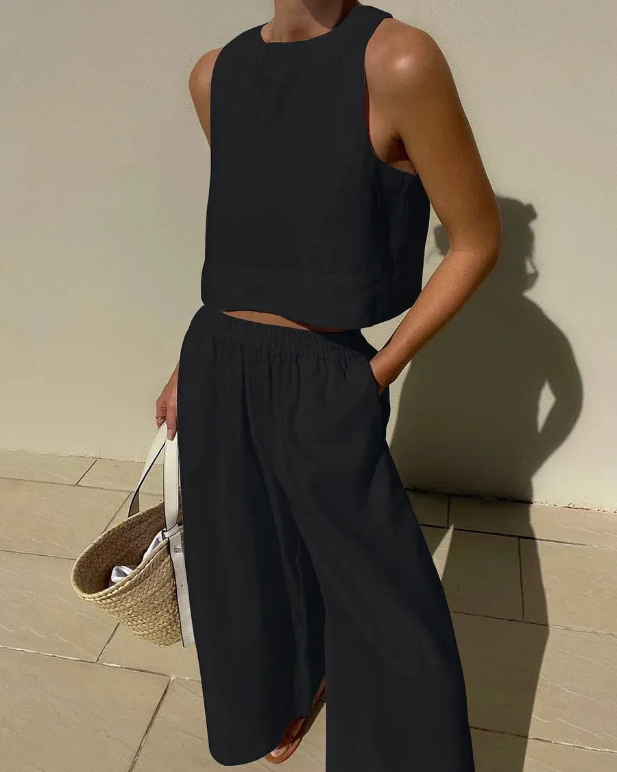 Women's Solid Color Casual Sleeveless Shirt And Pants Two Piece Summer Loose Simple Wide Leg Pants Vest Female 2025
