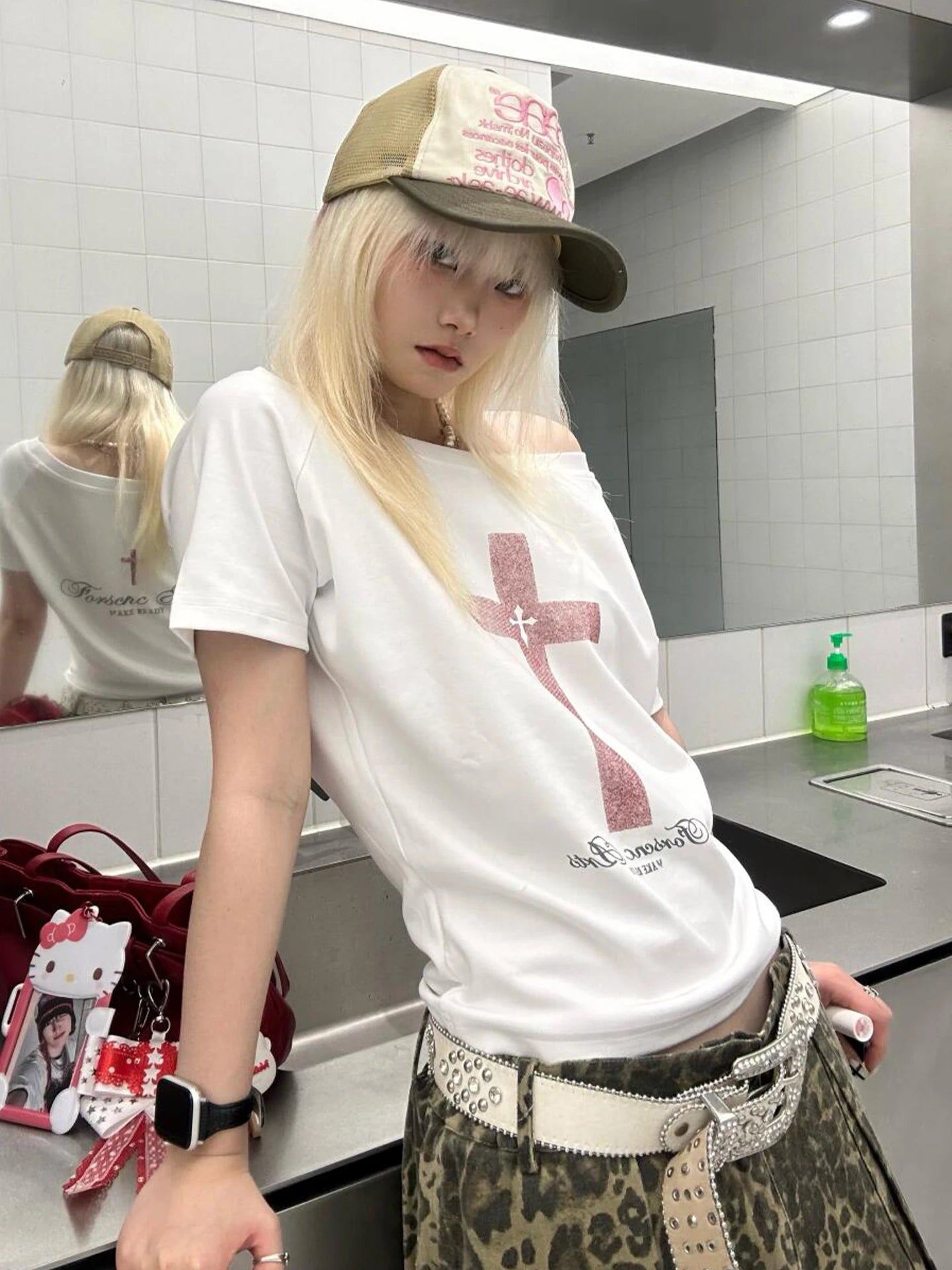 Tawaaiw Gothic Print Cross T Shirt Women Off Shoulder Short Sleeve Graphic Tee Female Clothing Korean Fashion 2000s Clothes Y2k