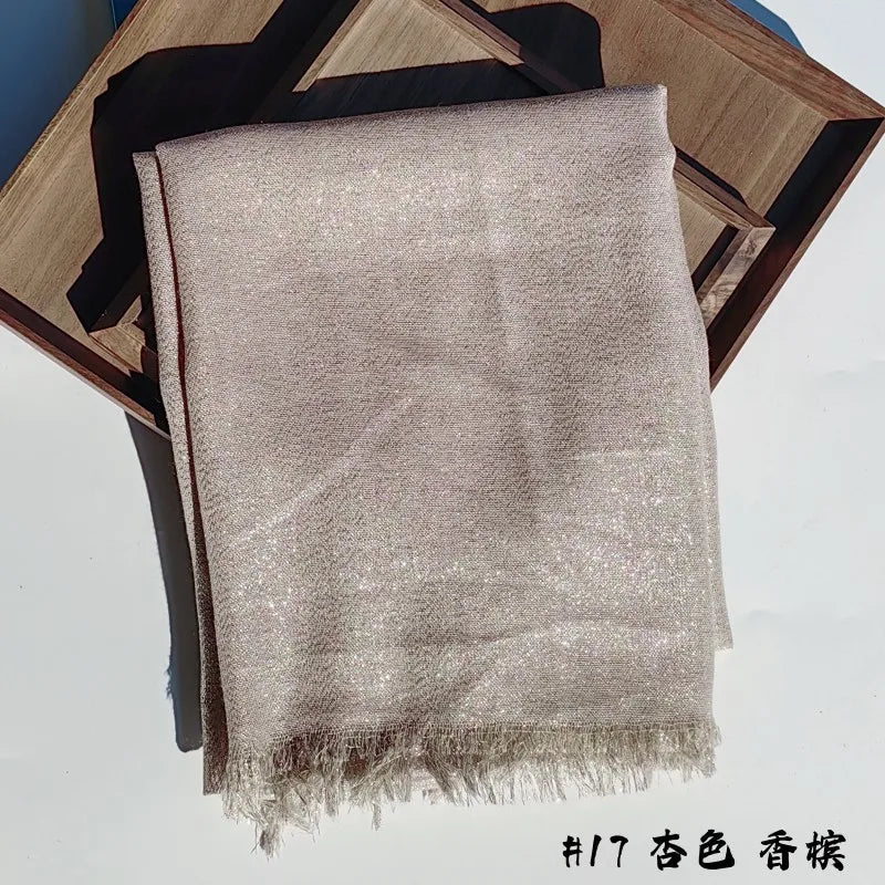 Lastest Brand Design Scarf Shiny Solid Color Shawls Rayon Fabric Gold Silk Silver Wire Head Shawl Fringe Hijab For Women 17