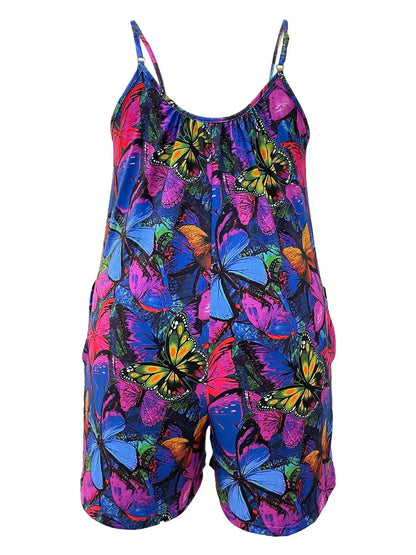 Plus Size Butterfly Print Slip Romper, Casual Sleeveless Pockets Romper, Women's Plus Size Clothing