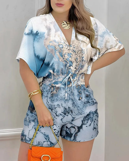 Jumpsuit Women Summer Women Loose Casual Printing Jumpsuit 2024Elegant Women Fashion V-neck Short Sleeve Waist Shorts Jumpsuit 2