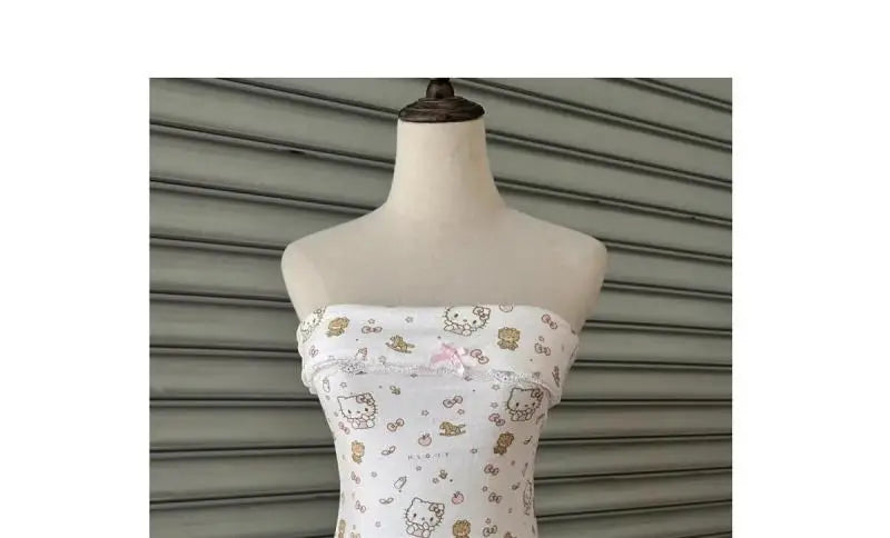 Japanese Hello Kittys Skirt Kawaii Cartoon Kittys Print Dress Y2K Girls Slim-Fit Cake Skirt Women's Sexy Strapless Dresses Gift