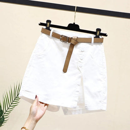 Chic Shorts Women Belt Korean Solid Buttons Side Slit A-line Streetwear Fashion Skirts Chic Harajuku Summer Loose Pants white with belt