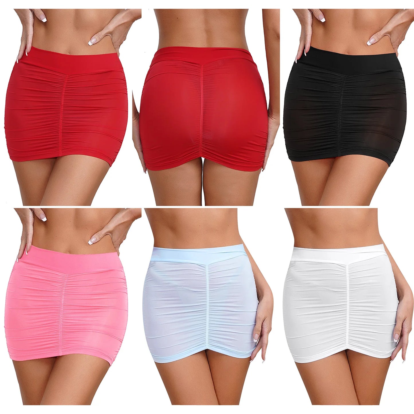 Womens Sexy Bodycon Mini Skirt Ruched Elastic Bands Semi-Sheer Skirt Hip Wrap Lingerie Nightwear Pencil Pole Skirt for Nightclub