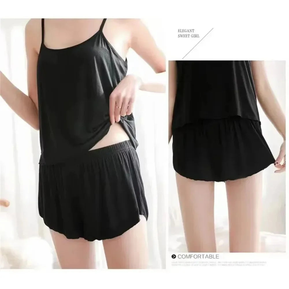 Solid Color Women Ice Silk Pajamas Sleepwear Pajama Set Satin Camisole Shorts Low Cut Comfortable Casual Summer Smooth Soft