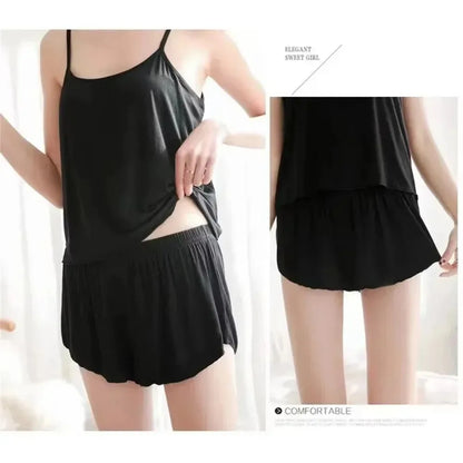 Solid Color Women Ice Silk Pajamas Sleepwear Pajama Set Satin Camisole Shorts Low Cut Comfortable Casual Summer Smooth Soft