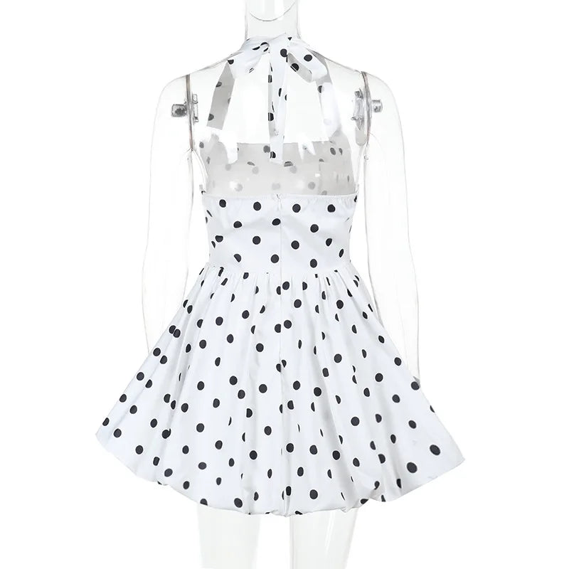 TARUXY Polka Dot Vacation Mini Dress For Women High Waist A-line Ball Gown Dress Sleeveless Halter Neck Female Summer Fashion