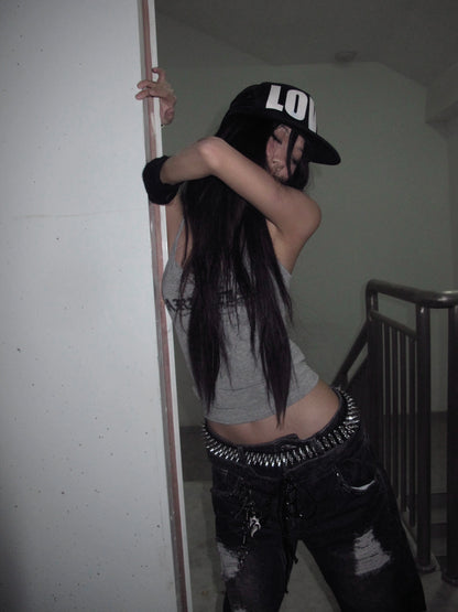 Karrcat Trashy 2000s Letter Print Tank Top Japanese Y2k Gray Camis Tops Grunge Aesthetics Sleeveless Crop Tops American Retro