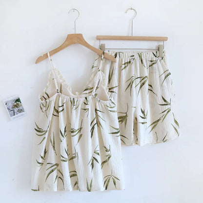 2025 Summer New Women's Two Piece Set of 100% Pure Cotton Crepe Cloth with Chest Cushion Sleepwear Sweet and Cute Home Fury