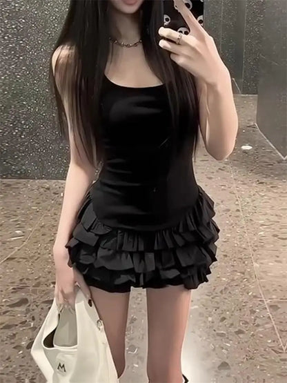 Chic Y2K Sleeveless Mini Dress For Woman Summer Black Dresses Sexy Clubwear Party Slim fit Ruffle Pleated Short Dress