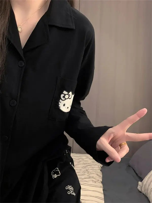 Kawaii Sanrios Hello Kittys Women's Pajamas Set Spring Autumn Anime Cartoon Students Polyester Long Sleeved Girls Nightwear Gift