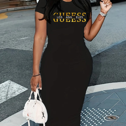 Summer black sexy dress women's GUEESS letter printed casual slim fit short sleeved round neck T-shirt and nude long skirt babi74-GUEESS