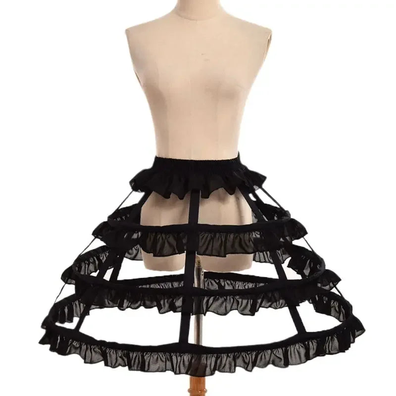 Women Girls Lolita Hollow Lotus Leaf Lace Bird Cage Fish Bone Skirt Cosplay Dress Skirt Petticoat Bride Wedding Dress Lining 3 hoop black One Size