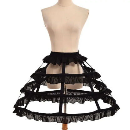 Women Girls Lolita Hollow Lotus Leaf Lace Bird Cage Fish Bone Skirt Cosplay Dress Skirt Petticoat Bride Wedding Dress Lining 3 hoop black One Size