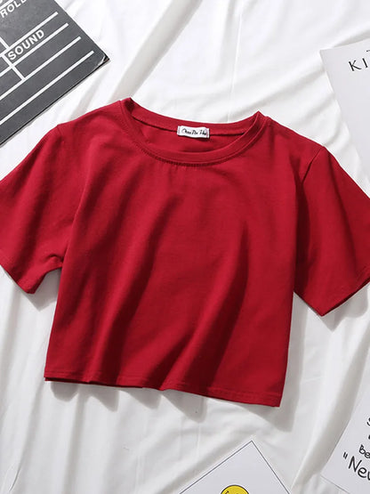 Summer Short Sleeve T Shirts Women Cotton Solid T-shirt O Neck High Waist Crop Top Tee Female Casual Loose T Shirt Badiee Stylez