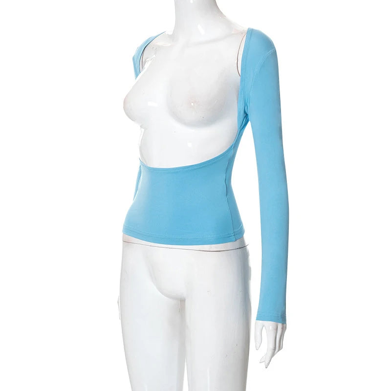 Backless Short Sleeve Blue Y2K Crop Top Women Casual O Neck Summer T Shirts Sexy Vintage Cut Out