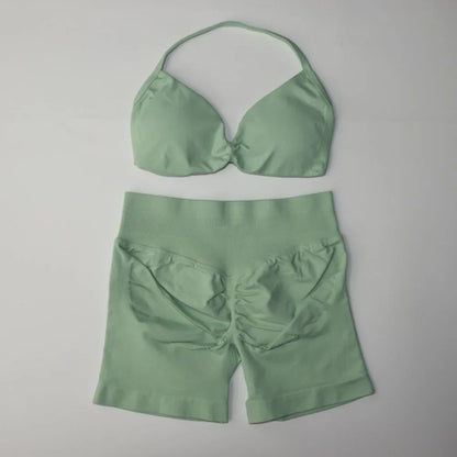 Impact Gym Set Women Two Piece Strappy Yoga Bra Top Workout Scrunch Shorts Suit Fitness Clothes Seamless Sportswear Workout Set palm green