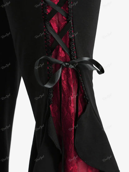 ROSEGAL Plus Size Gothic Lace Panel Lace-up Ruffle Flare Pant Women Streetwear Elastic Waist Pull On Pant Colorblock Bell Bottom