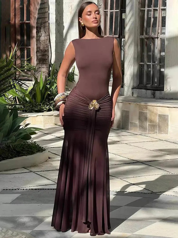 Mozision Metal Flower Backless Ruched Sexy Maxi Dress Women Gown Fashion Sleeveless Backless Bodycon Club Party Dress Elegant