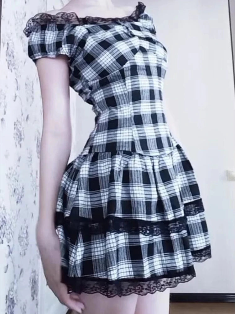 Gothic Harajuku grid pattern dress fashion silmY2K tops emo girl grunge punk street retro American style sexy lace women's dress