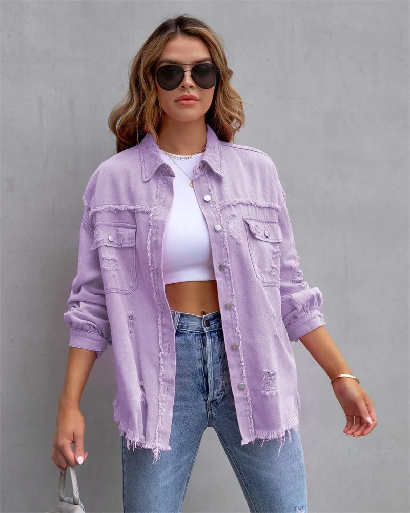 2025 Spring Autumn Shirt Style Denim Jacket Women Holes Raw-edges Jeancoat Casual Tops Female Oversize Loose Outerwear 7 Colors