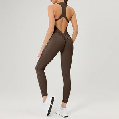 Scrunch Gym Jumpsuit Women's Fitness Suit Short Sets Sports Overalls for Woman Tracksuit Yoga Clothing Zipper Workout Sportswear Brown Pant Set