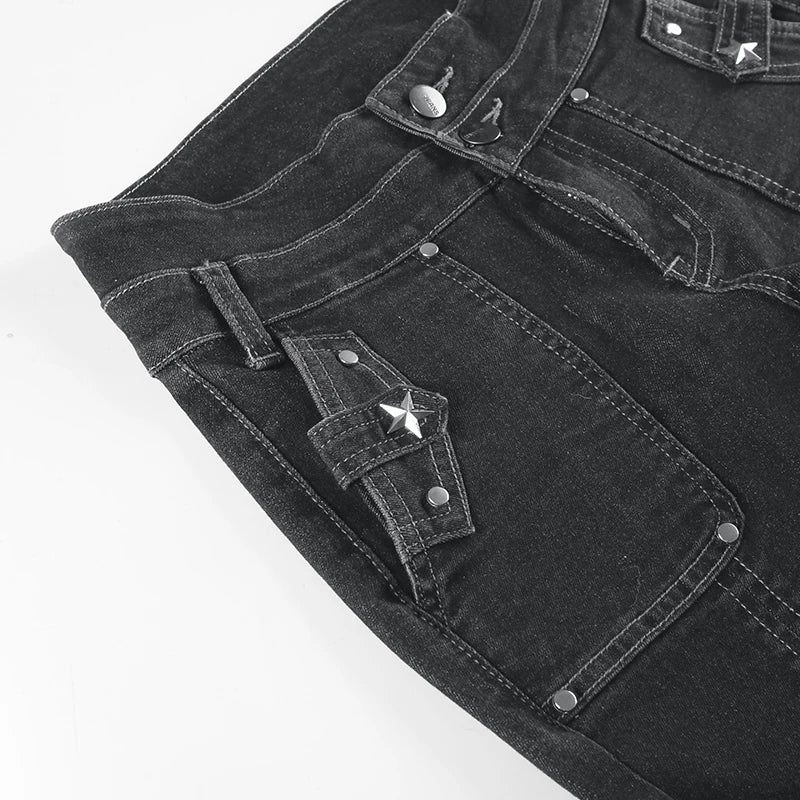 Weekeep Punk Style Star-shaped Rivet Jeans Low Rise Multi-pockets Patchwork Denim Cargo Pants Korean Fashion Hippie Flared Jeans