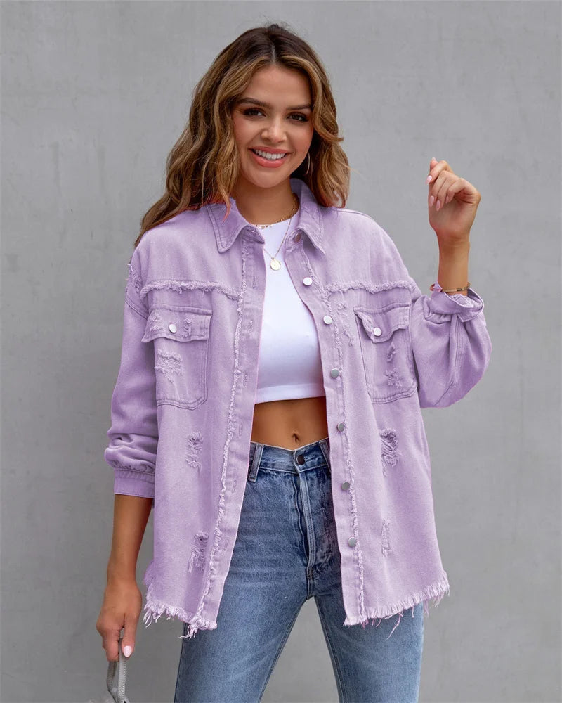 2025 Spring Autumn Shirt Style Denim Jacket Women Holes Raw-edges Jeancoat Casual Tops Female Oversize Loose Outerwear 7 Colors Light purple