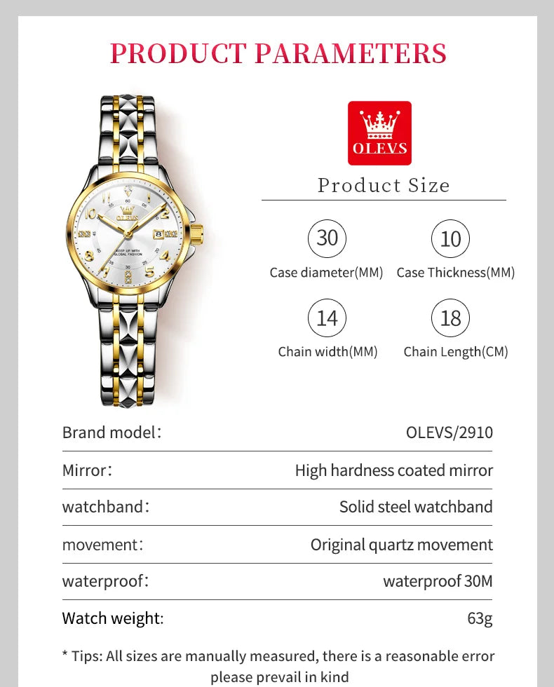 OLEVS 2910 Original Quartz Watches for Women Rhombus Steel Strap Waterproof Luminous Calendar Elegant Luxury Ladies Wristwatches