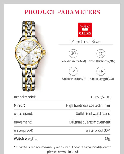 OLEVS 2910 Original Quartz Watches for Women Rhombus Steel Strap Waterproof Luminous Calendar Elegant Luxury Ladies Wristwatches