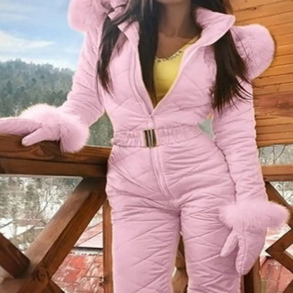 Women Winter Jumpsuit with Gloves Thickened Padded Snowsuit Hooded Windproof Outdoor Ski Outfit Ice Snow Warm Sports Jacket Badiee Stylez