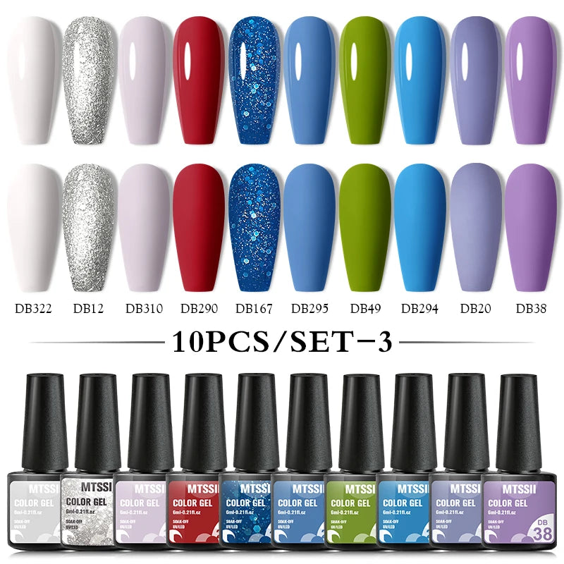 10PCS/Set Gel Nail Polish Set 125 Colors Glitter Semi Permanent Hybrid Gel Varnishes Base Top Coat Soak Off UV LED Nail Art Gel