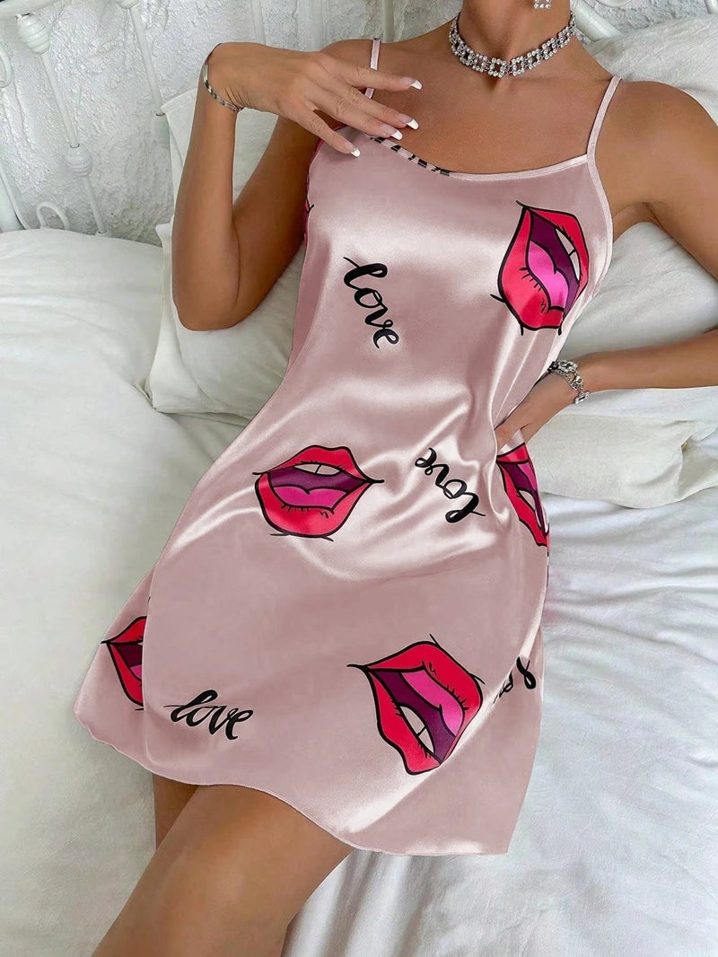 Women's Sleepdress Satin Floral Print Nightdress Comfortable Spaghetti Strap Sleepwear Dress Luxurious Satin Slip Nightdress Pink Lip