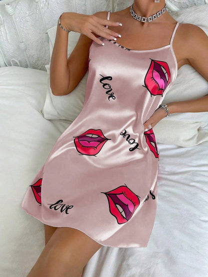 Women's Sleepdress Satin Floral Print Nightdress Comfortable Spaghetti Strap Sleepwear Dress Luxurious Satin Slip Nightdress Pink Lip