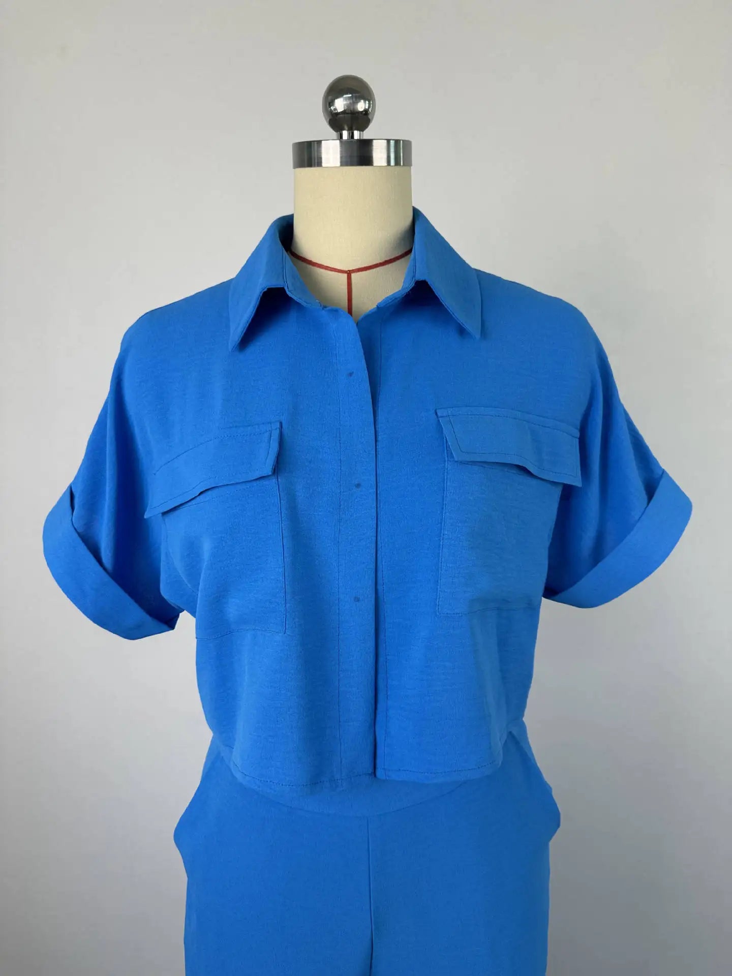 Women's Two Piece Sets Spring Summer Casual Solid Turn-down Neck Short Sleeve Loose Top & Wide Leg Pants Set Streetwear Outfits