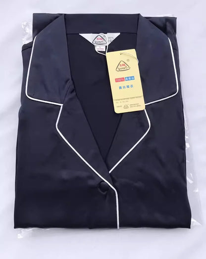 100% Pure Silk Women's Classical Pajama Set Sleepwear Nightgown M L XL YM007 navy