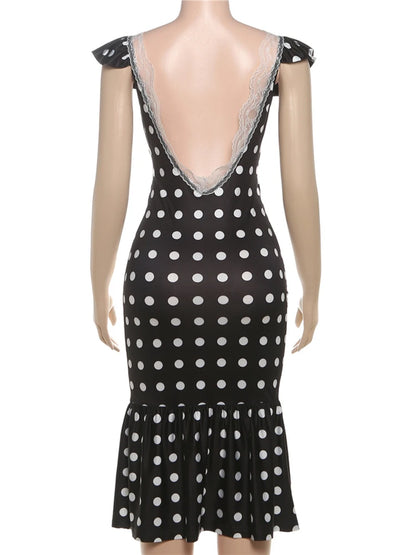 Polka Dot Ruched Dress Elegant Birthday Party Skinny Bodycon Sexy Backless Dress Women Flying Sleeve Lace Trim Applique
