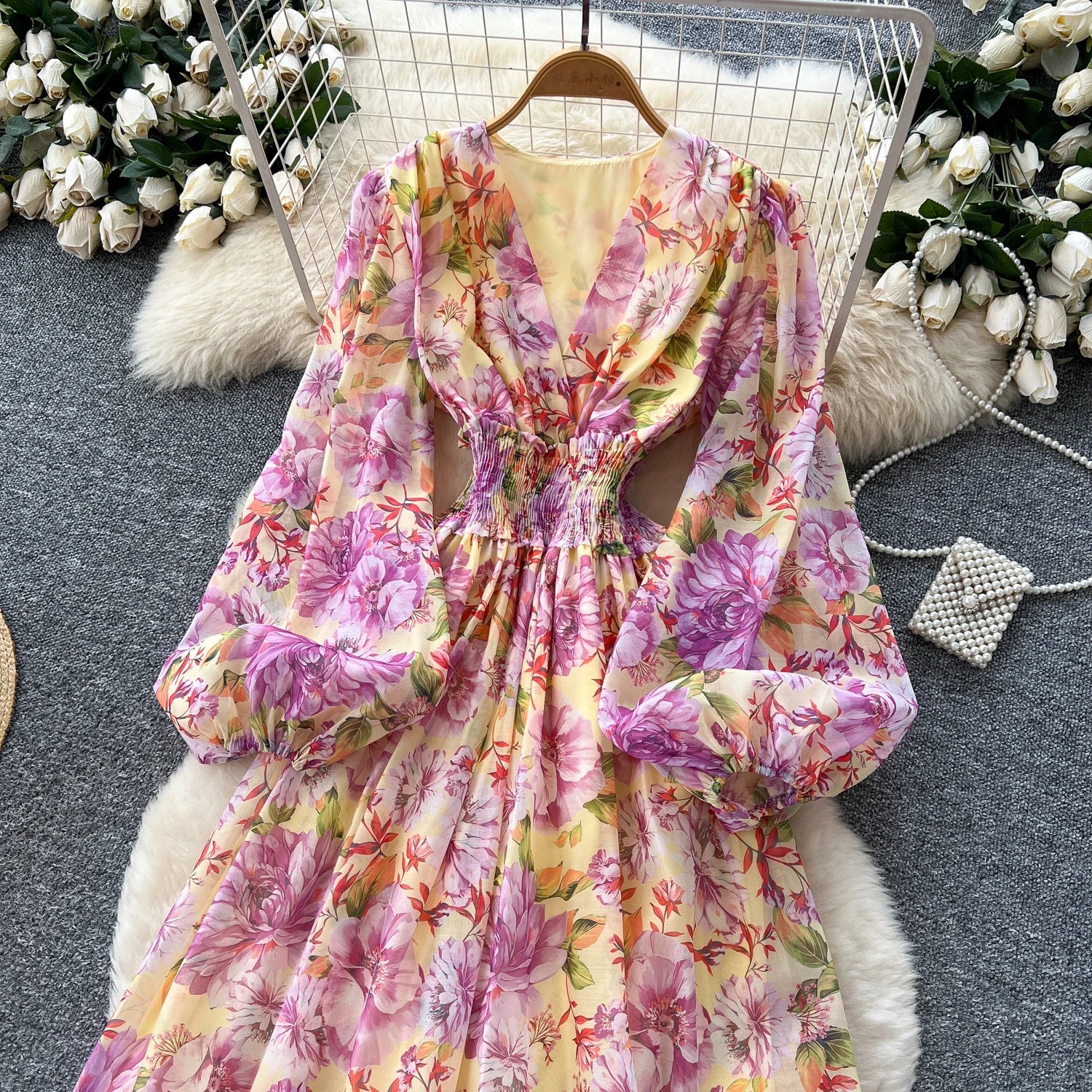 Chic vintage long sleeve lantern sleeve V-neck print pleated Elegant Fairy korean dress women clothing Long dress
