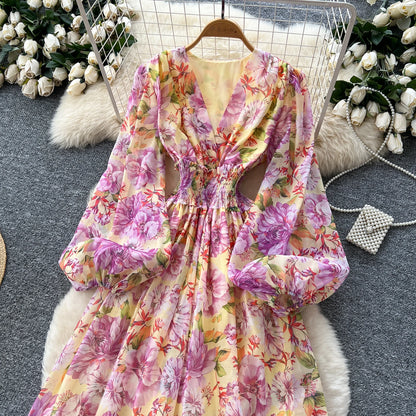 Chic vintage long sleeve lantern sleeve V-neck print pleated Elegant Fairy korean dress women clothing Long dress