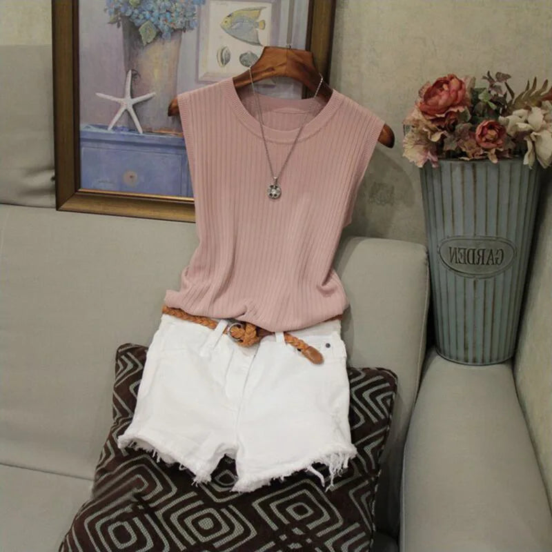 Summer Women Knitted Loose Sweater Vests Sexy O-Neck Sleeveless Knitwear Tank Tops YRFZ-N6634