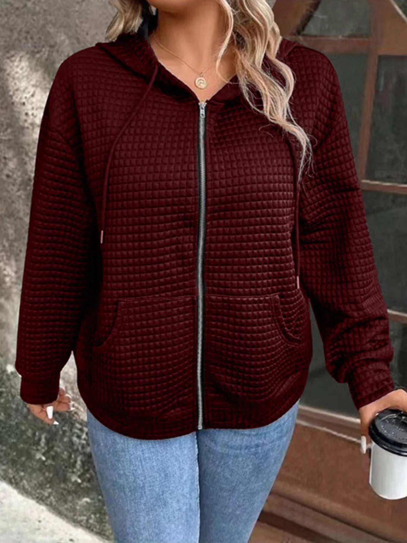 Plus size European and American cross-border autumn new casual solid color pocket zipper hooded jacket Burgundy