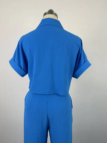 Women's Two Piece Sets Spring Summer Casual Solid Turn-down Neck Short Sleeve Loose Top & Wide Leg Pants Set Streetwear Outfits