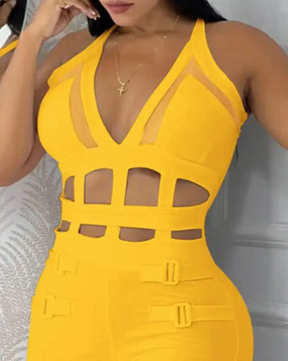 Women's jumpsuit 2025 summer new sleeveless new fashionable hollow camisole buckle comparison mesh tight jumpsuit Badiee Stylez